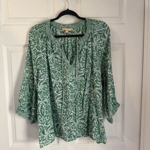 HOPE & HARLOW Green Floral Print Ruffled Neck Tie Blouse Women's XL Feminine